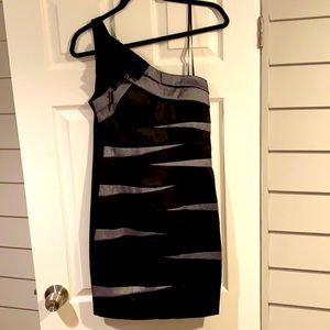 One shoulder black & silver bodycon dress, bandage look